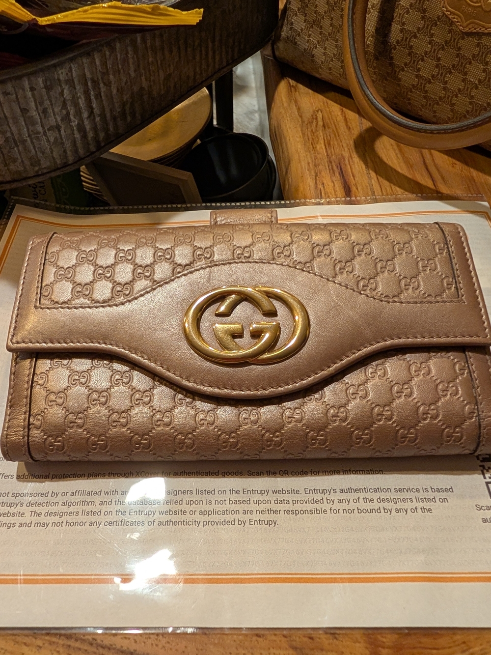 Gucci Metallic Rose Gold GG Continental Wallet & COA, Chain